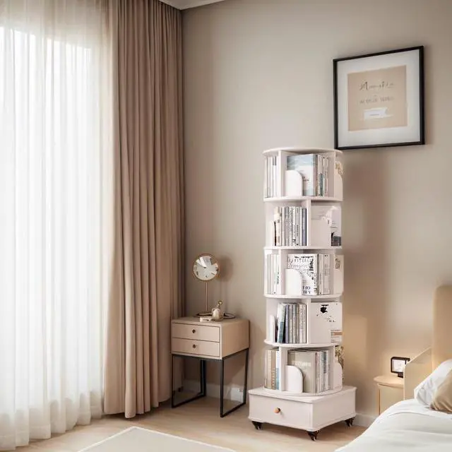 Alt view image 6 of 6 - 6 Tier Solid Wood Rotating Bookshelf with Wheels, 360°Spinning Book Shelf Tower with Storage Cabinet,Round Revolving Bookcase Organizer, Rolling Bookshelves for Small Spaces, Corner, Bedroom