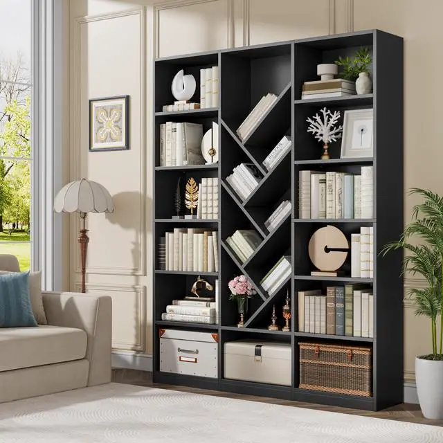 Alt view image 3 of 6 - 71" Tall Bookshelf, 6-Tier Floor Standing Bookcase with Adjustable Shelves, Wide Open Square Storage, Modern Display Organizer for Home Office, Living Room, Bedroom, Study, Black
