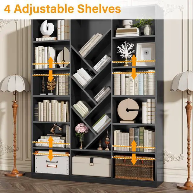 Alt view image 4 of 6 - 71" Tall Bookshelf, 6-Tier Floor Standing Bookcase with Adjustable Shelves, Wide Open Square Storage, Modern Display Organizer for Home Office, Living Room, Bedroom, Study, Black