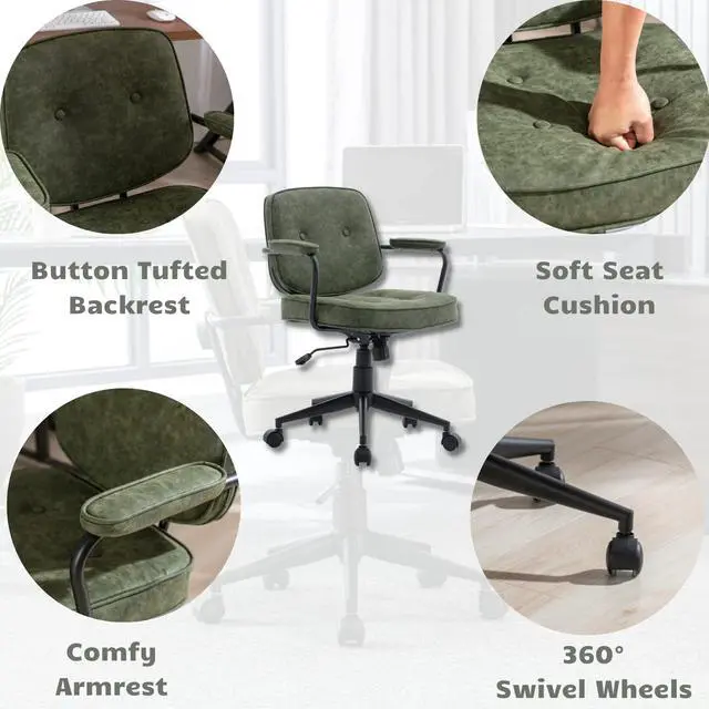 Alt view image 4 of 6 - Modern Armless Desk Chairs Set of 1, Swivel Computer Task Chair with Wheels and Armrests, PU Leather Adjustable Office Chair with Backrest for Home Base, Green