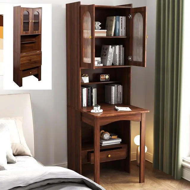 Main image of Convertible Fold Down Desk with Bookshelf & Drawer, Multifunctional Murphy Desks with Storage, Hideaway Fold Out Desk Cabinet for Small Spaces (Walnut)