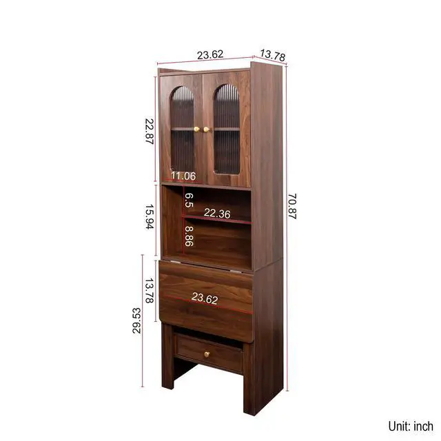 Alt view image 2 of 6 - Convertible Fold Down Desk with Bookshelf & Drawer, Multifunctional Murphy Desks with Storage, Hideaway Fold Out Desk Cabinet for Small Spaces (Walnut)