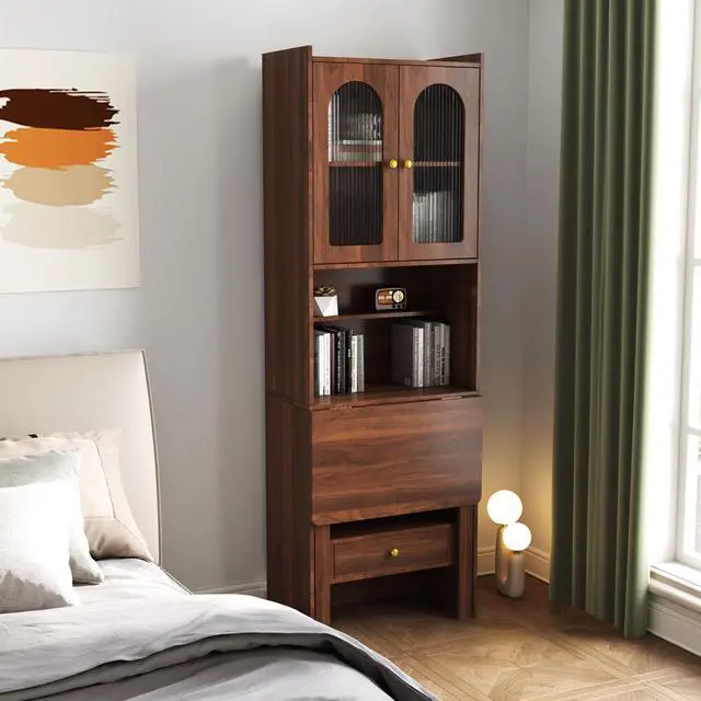 Alt view image 3 of 6 - Convertible Fold Down Desk with Bookshelf & Drawer, Multifunctional Murphy Desks with Storage, Hideaway Fold Out Desk Cabinet for Small Spaces (Walnut)