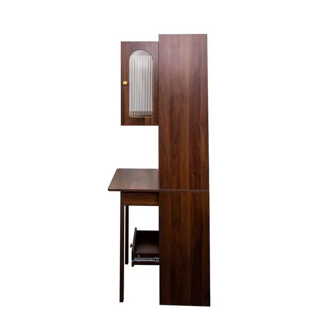 Alt view image 5 of 6 - Convertible Fold Down Desk with Bookshelf & Drawer, Multifunctional Murphy Desks with Storage, Hideaway Fold Out Desk Cabinet for Small Spaces (Walnut)