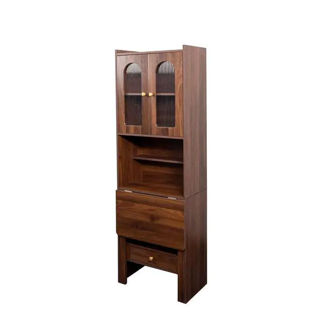 Alt view image 6 of 6 - Convertible Fold Down Desk with Bookshelf & Drawer, Multifunctional Murphy Desks with Storage, Hideaway Fold Out Desk Cabinet for Small Spaces (Walnut)