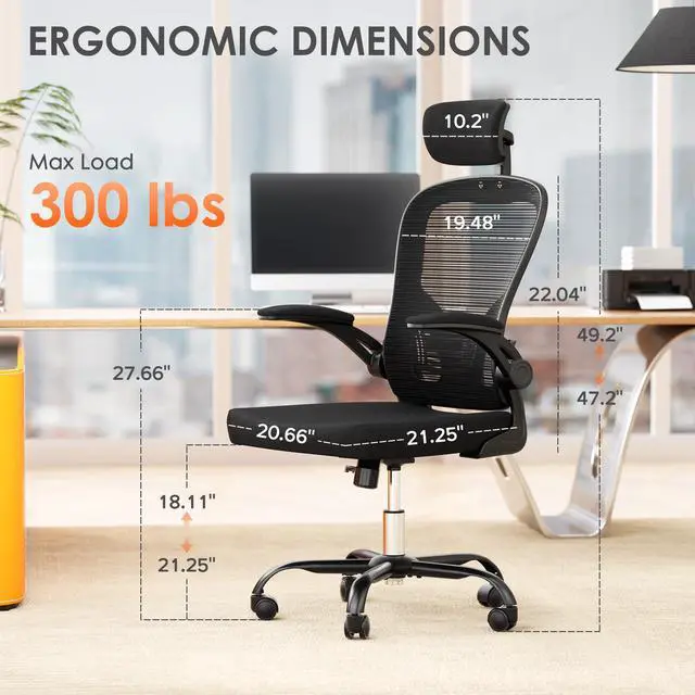 Alt view image 2 of 6 - Ergonomic Office Chair, 300lbs High Back Breathable Mesh Desk Chair with Lumbar Support, Comfy Gaming Chair with Headrest and Flip-Up Arms, 360° Swivel Computer Task Chair for Home Office, Black
