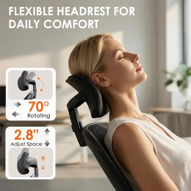 Alt view image 3 of 6 - Ergonomic Office Chair, 300lbs High Back Breathable Mesh Desk Chair with Lumbar Support, Comfy Gaming Chair with Headrest and Flip-Up Arms, 360° Swivel Computer Task Chair for Home Office, Black