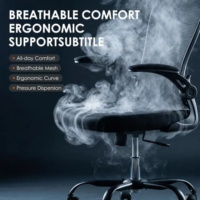Alt view image 5 of 6 - Ergonomic Office Chair, 300lbs High Back Breathable Mesh Desk Chair with Lumbar Support, Comfy Gaming Chair with Headrest and Flip-Up Arms, 360° Swivel Computer Task Chair for Home Office, Black