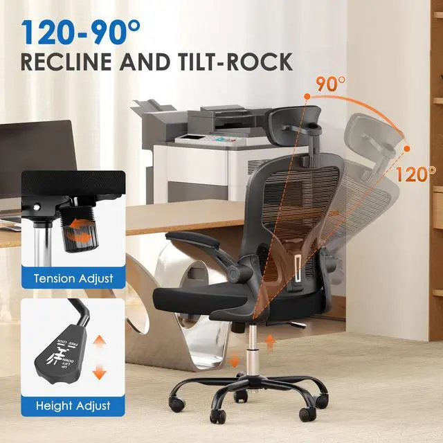 Alt view image 6 of 6 - Ergonomic Office Chair, 300lbs High Back Breathable Mesh Desk Chair with Lumbar Support, Comfy Gaming Chair with Headrest and Flip-Up Arms, 360° Swivel Computer Task Chair for Home Office, Black