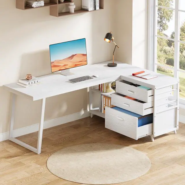 Main image of 53" L Shaped Office Desk, Reversible Corner Computer Desk with 3 File Drawers and 2 Storage Shelves for Home Office, Study, Gaming Room (White)