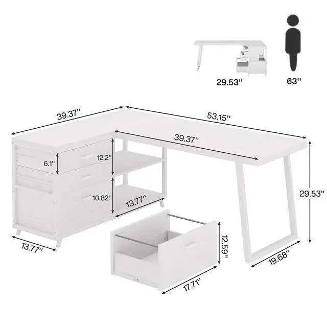 Alt view image 2 of 6 - 53" L Shaped Office Desk, Reversible Corner Computer Desk with 3 File Drawers and 2 Storage Shelves for Home Office, Study, Gaming Room (White)
