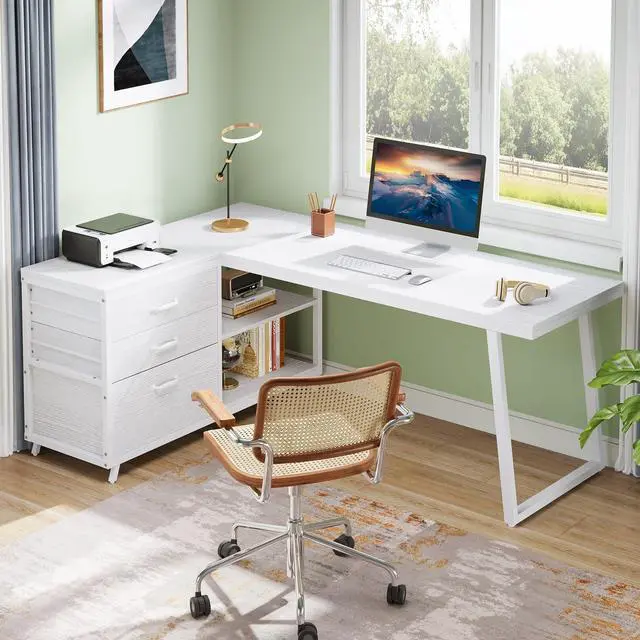 Alt view image 3 of 6 - 53" L Shaped Office Desk, Reversible Corner Computer Desk with 3 File Drawers and 2 Storage Shelves for Home Office, Study, Gaming Room (White)