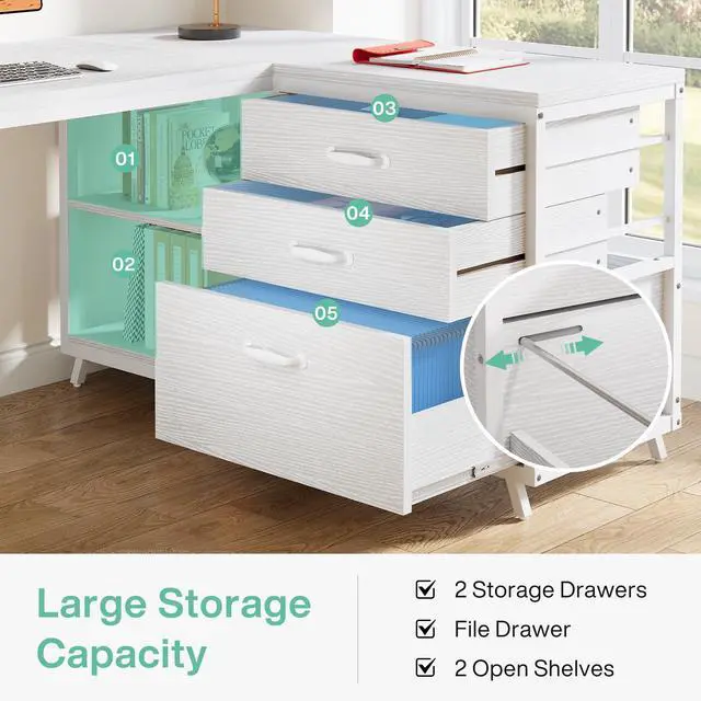 Alt view image 4 of 6 - 53" L Shaped Office Desk, Reversible Corner Computer Desk with 3 File Drawers and 2 Storage Shelves for Home Office, Study, Gaming Room (White)