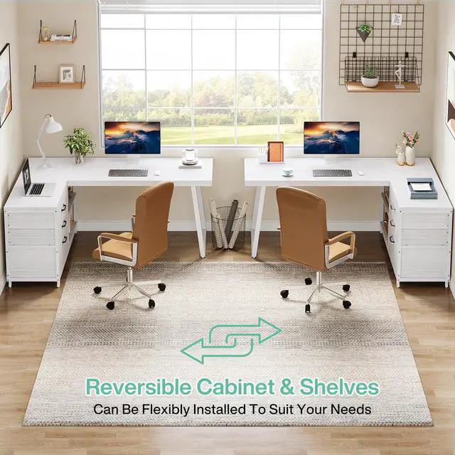 Alt view image 5 of 6 - 53" L Shaped Office Desk, Reversible Corner Computer Desk with 3 File Drawers and 2 Storage Shelves for Home Office, Study, Gaming Room (White)