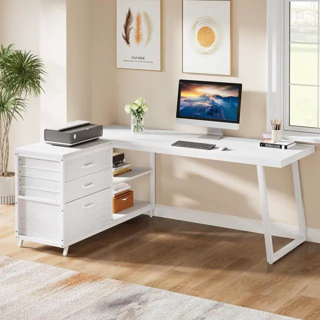 Alt view image 6 of 6 - 53" L Shaped Office Desk, Reversible Corner Computer Desk with 3 File Drawers and 2 Storage Shelves for Home Office, Study, Gaming Room (White)