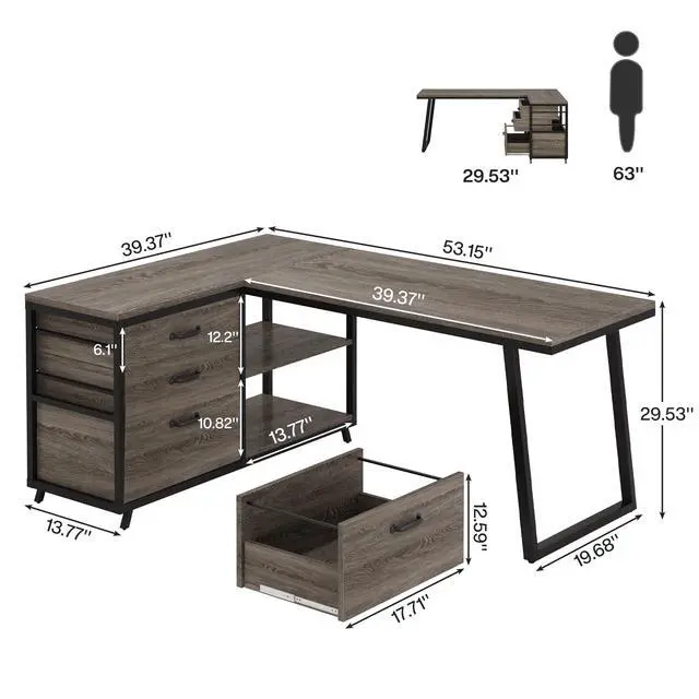 Alt view image 2 of 6 - 53" L Shaped Office Desk, Reversible Corner Computer Desk with 3 File Drawers and 2 Storage Shelves for Home Office, Study, Gaming Room (Grey)