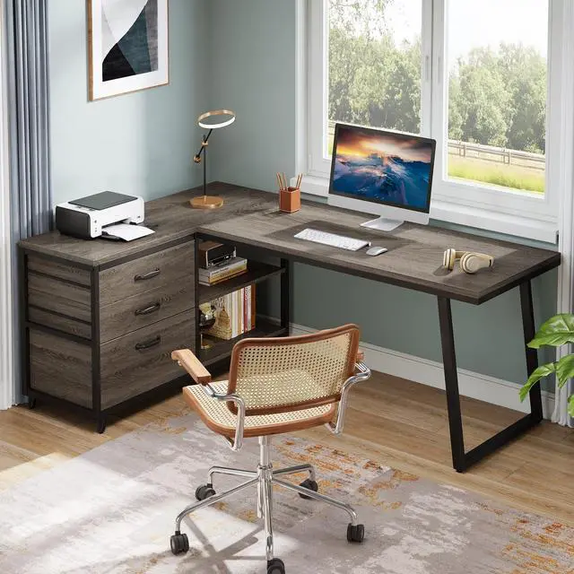 Alt view image 3 of 6 - 53" L Shaped Office Desk, Reversible Corner Computer Desk with 3 File Drawers and 2 Storage Shelves for Home Office, Study, Gaming Room (Grey)