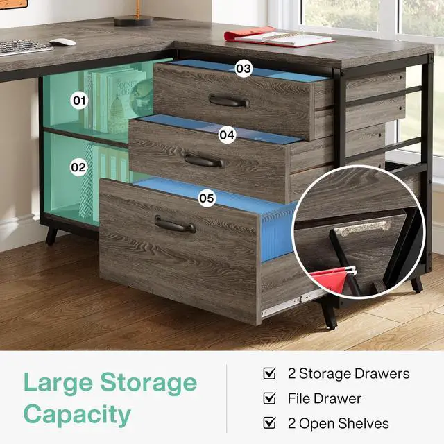 Alt view image 4 of 6 - 53" L Shaped Office Desk, Reversible Corner Computer Desk with 3 File Drawers and 2 Storage Shelves for Home Office, Study, Gaming Room (Grey)