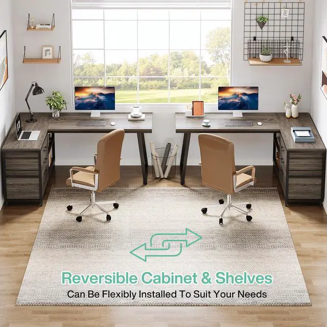 Alt view image 5 of 6 - 53" L Shaped Office Desk, Reversible Corner Computer Desk with 3 File Drawers and 2 Storage Shelves for Home Office, Study, Gaming Room (Grey)