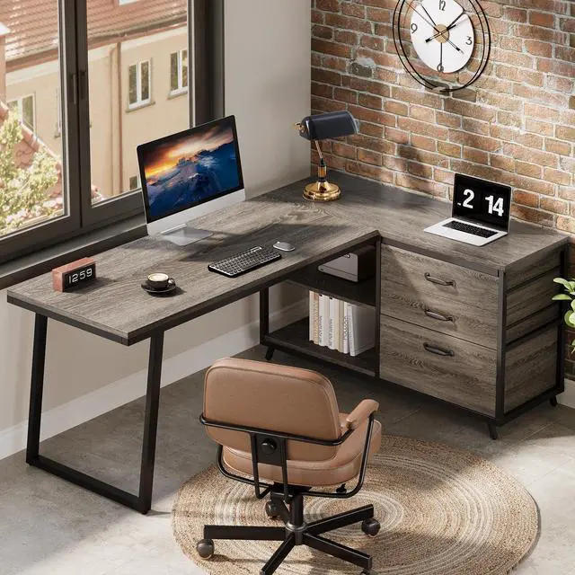 Alt view image 6 of 6 - 53" L Shaped Office Desk, Reversible Corner Computer Desk with 3 File Drawers and 2 Storage Shelves for Home Office, Study, Gaming Room (Grey)