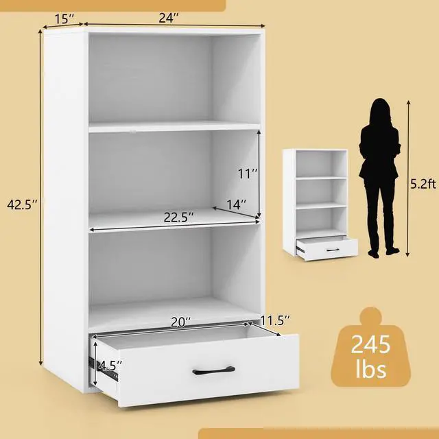 Alt view image 3 of 6 - 4-Tier Bookcase with Drawer, Wooden Cube Storage Organizer, Modern Display Shelf, Small Bookshelf for Small Spaces, 42.5" Tall Book Shelf for Classroom, Kid's Room, Bedroom (White)