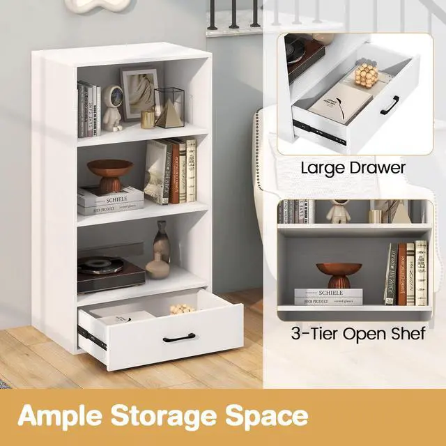 Alt view image 4 of 6 - 4-Tier Bookcase with Drawer, Wooden Cube Storage Organizer, Modern Display Shelf, Small Bookshelf for Small Spaces, 42.5" Tall Book Shelf for Classroom, Kid's Room, Bedroom (White)