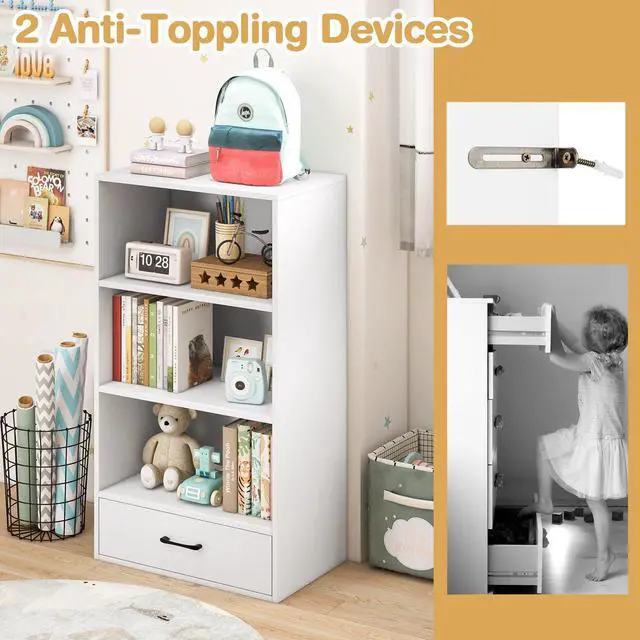 Alt view image 5 of 6 - 4-Tier Bookcase with Drawer, Wooden Cube Storage Organizer, Modern Display Shelf, Small Bookshelf for Small Spaces, 42.5" Tall Book Shelf for Classroom, Kid's Room, Bedroom (White)
