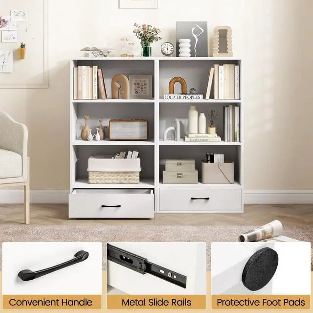 Alt view image 6 of 6 - 4-Tier Bookcase with Drawer, Wooden Cube Storage Organizer, Modern Display Shelf, Small Bookshelf for Small Spaces, 42.5" Tall Book Shelf for Classroom, Kid's Room, Bedroom (White)