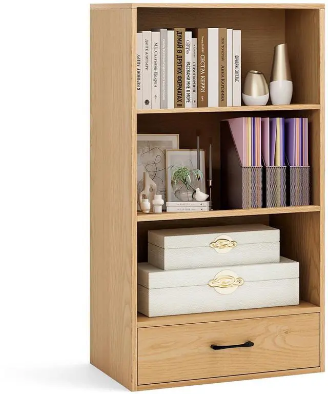 Main image of 4-Tier Bookcase with Drawer, Wooden Cube Storage Organizer, Modern Display Shelf, Small Bookshelf for Small Spaces, 42.5" Tall Book Shelf for Classroom, Kid's Room, Bedroom (Natural)