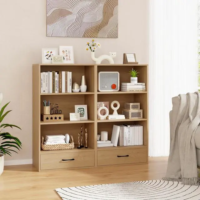 Alt view image 2 of 6 - 4-Tier Bookcase with Drawer, Wooden Cube Storage Organizer, Modern Display Shelf, Small Bookshelf for Small Spaces, 42.5" Tall Book Shelf for Classroom, Kid's Room, Bedroom (Natural)