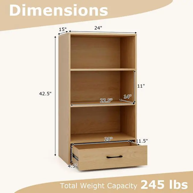 Alt view image 3 of 6 - 4-Tier Bookcase with Drawer, Wooden Cube Storage Organizer, Modern Display Shelf, Small Bookshelf for Small Spaces, 42.5" Tall Book Shelf for Classroom, Kid's Room, Bedroom (Natural)