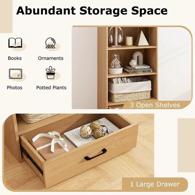 Alt view image 4 of 6 - 4-Tier Bookcase with Drawer, Wooden Cube Storage Organizer, Modern Display Shelf, Small Bookshelf for Small Spaces, 42.5" Tall Book Shelf for Classroom, Kid's Room, Bedroom (Natural)