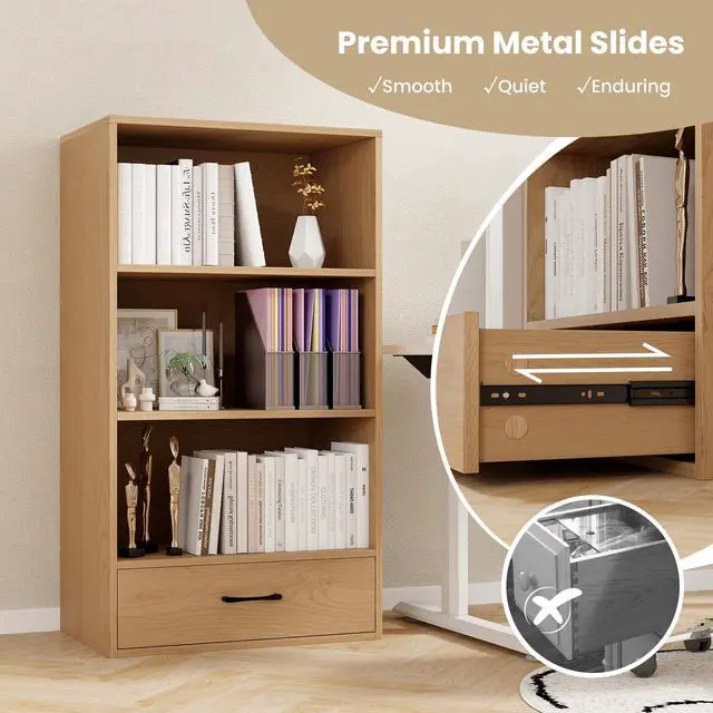 Alt view image 5 of 6 - 4-Tier Bookcase with Drawer, Wooden Cube Storage Organizer, Modern Display Shelf, Small Bookshelf for Small Spaces, 42.5" Tall Book Shelf for Classroom, Kid's Room, Bedroom (Natural)