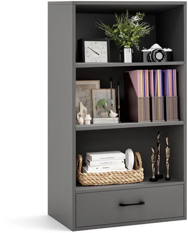 Main image of 4-Tier Bookcase with Drawer, Wooden Cube Storage Organizer, Modern Display Shelf, Small Bookshelf for Small Spaces, 42.5" Tall Book Shelf for Classroom, Kid's Room, Bedroom (Grey)