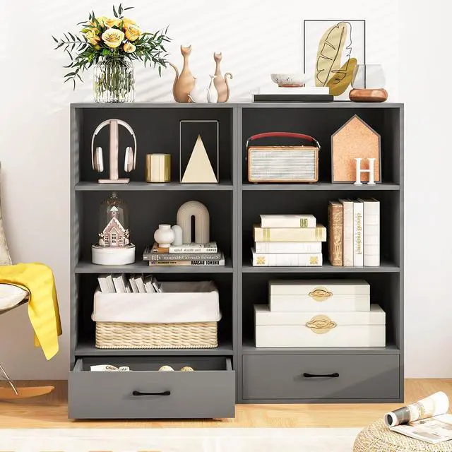 Alt view image 2 of 6 - 4-Tier Bookcase with Drawer, Wooden Cube Storage Organizer, Modern Display Shelf, Small Bookshelf for Small Spaces, 42.5" Tall Book Shelf for Classroom, Kid's Room, Bedroom (Grey)