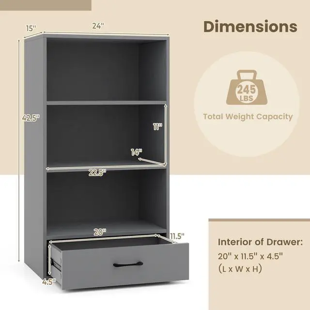 Alt view image 3 of 6 - 4-Tier Bookcase with Drawer, Wooden Cube Storage Organizer, Modern Display Shelf, Small Bookshelf for Small Spaces, 42.5" Tall Book Shelf for Classroom, Kid's Room, Bedroom (Grey)