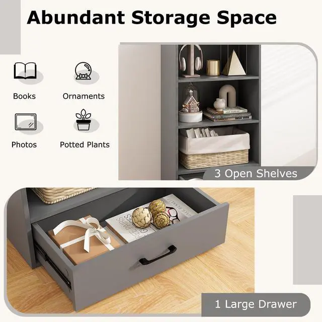 Alt view image 4 of 6 - 4-Tier Bookcase with Drawer, Wooden Cube Storage Organizer, Modern Display Shelf, Small Bookshelf for Small Spaces, 42.5" Tall Book Shelf for Classroom, Kid's Room, Bedroom (Grey)