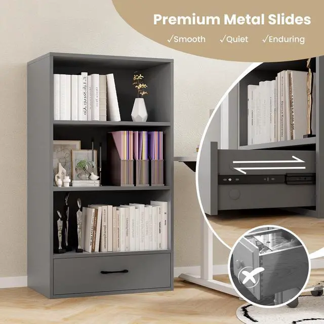 Alt view image 5 of 6 - 4-Tier Bookcase with Drawer, Wooden Cube Storage Organizer, Modern Display Shelf, Small Bookshelf for Small Spaces, 42.5" Tall Book Shelf for Classroom, Kid's Room, Bedroom (Grey)