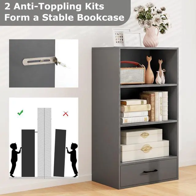 Alt view image 6 of 6 - 4-Tier Bookcase with Drawer, Wooden Cube Storage Organizer, Modern Display Shelf, Small Bookshelf for Small Spaces, 42.5" Tall Book Shelf for Classroom, Kid's Room, Bedroom (Grey)