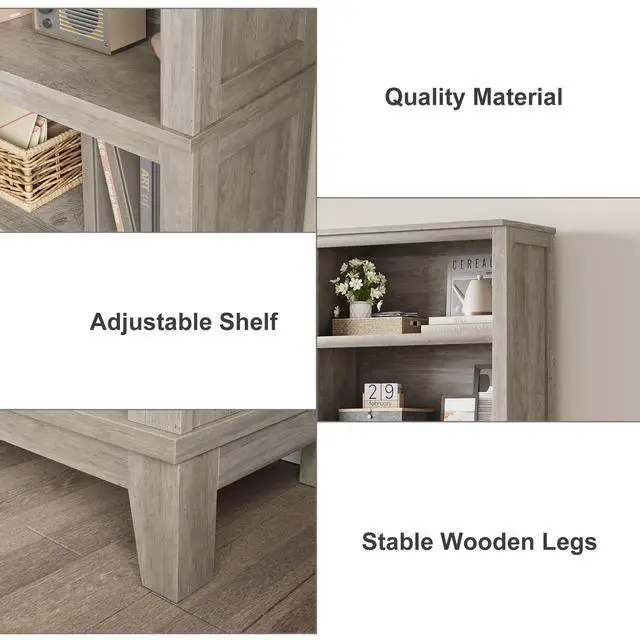 Alt view image 3 of 6 - 71 in Tall Bookcase w/Adjustable Shelves & 31.5 in Width, 5 Tier Farmhouse Bookshelf with Wooden Legs, Rustic Vintage Book Shelf for Living Room Office Library (Gray, Wide)