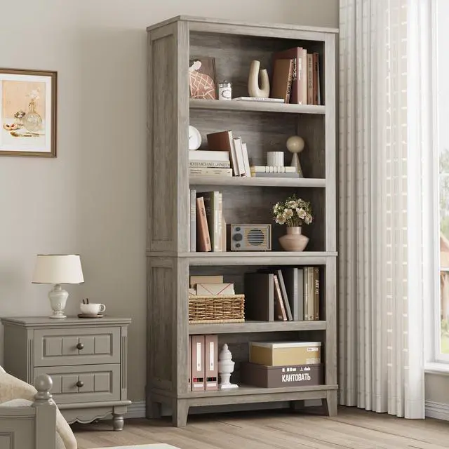 Alt view image 6 of 6 - 71 in Tall Bookcase w/Adjustable Shelves & 31.5 in Width, 5 Tier Farmhouse Bookshelf with Wooden Legs, Rustic Vintage Book Shelf for Living Room Office Library (Gray, Wide)