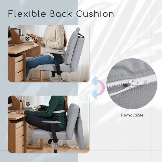 Alt view image 5 of 6 - Criss Cross Chair with Arms and Castors, Plus Size Cross Legged Office Chair with Extra Wide Seat&Flexible Back Cushion, Cute Comfy Desk Chairs for Home Office, Vanity, Gaming,Reading(Gray)