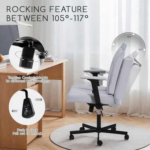 Alt view image 6 of 6 - Criss Cross Chair with Arms and Castors, Plus Size Cross Legged Office Chair with Extra Wide Seat&Flexible Back Cushion, Cute Comfy Desk Chairs for Home Office, Vanity, Gaming,Reading(Gray)