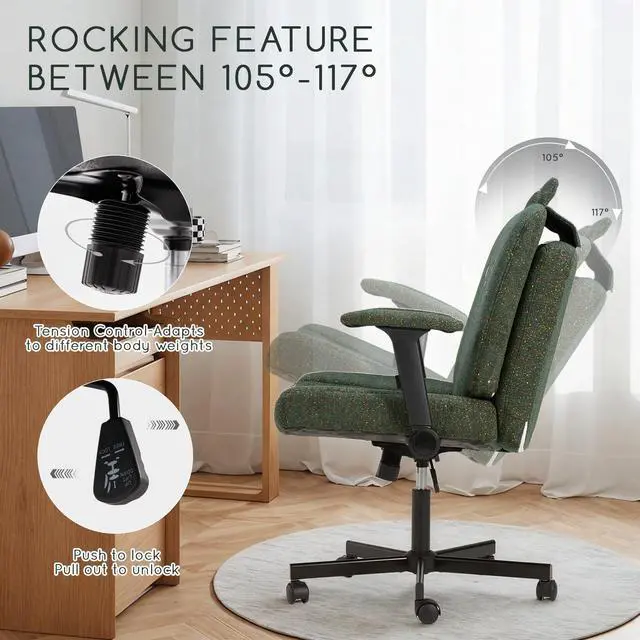 Alt view image 5 of 6 - Criss Cross Chair with Arms and Castors,Plus Size Cross Legged Office Chair with Extra Wide Seat&Flexible Back Cushion,Cute Comfy Desk Chairs for Home Office,Vanity,Reading(Christmas Green)