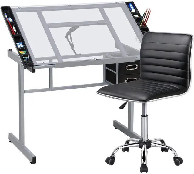 Main image of Adjustable Drafting Draft Table Glass Drawing Desk Tiltable Tabletop w/Stool and Storage Drawers for Reading, Writing, Painting Art Craft Work Station