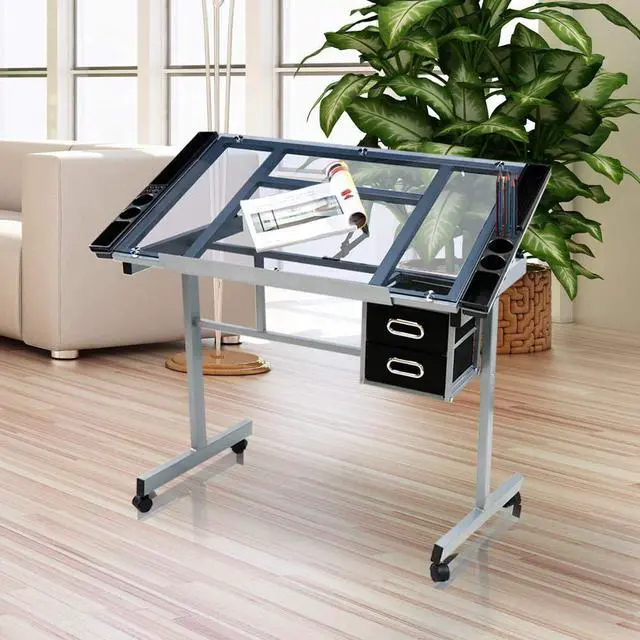 Alt view image 2 of 6 - Adjustable Drafting Draft Table Glass Drawing Desk Tiltable Tabletop w/Stool and Storage Drawers for Reading, Writing, Painting Art Craft Work Station