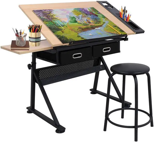 Main image of Drafting Table Drawing Desk Reclining Tiltable Tabletop Bundle Set with Stool and 2 Storage Drawers Art Writing Reading Workstation for Office and Home