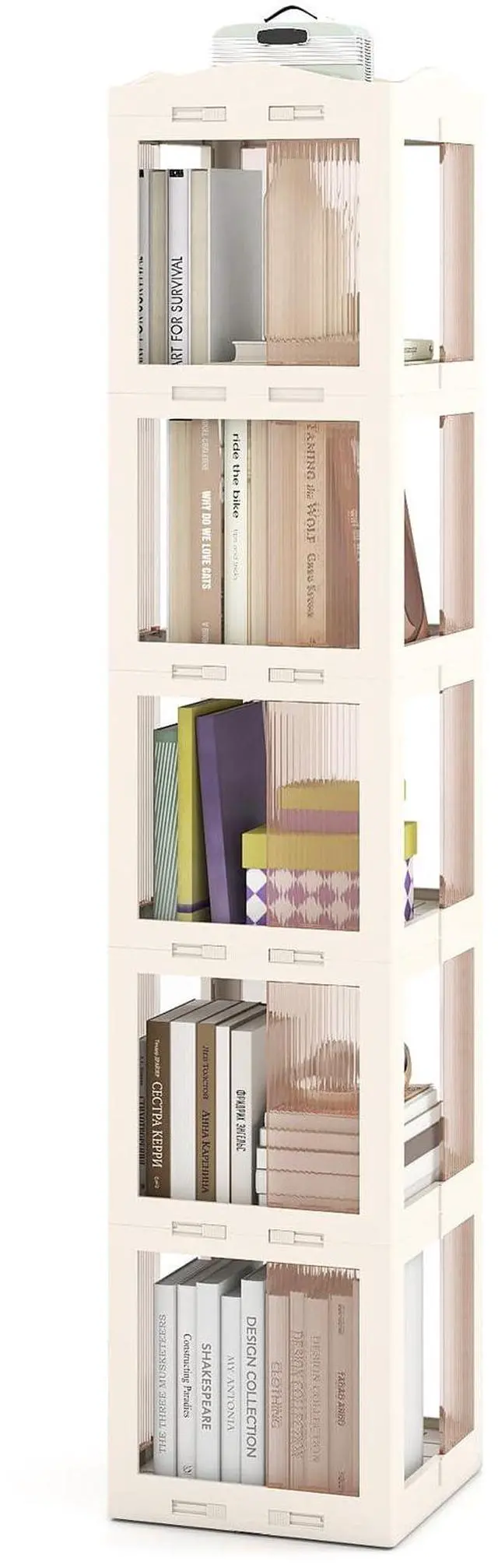 Main image of Foldable Rotating Bookshelf, 5-Tier Spinning Bookcase w/Swivel Base, 360° Revolving Bookshelf Tower, Tall Corner Display Shelf, Translucent Storage Organizer for Living Room, Study