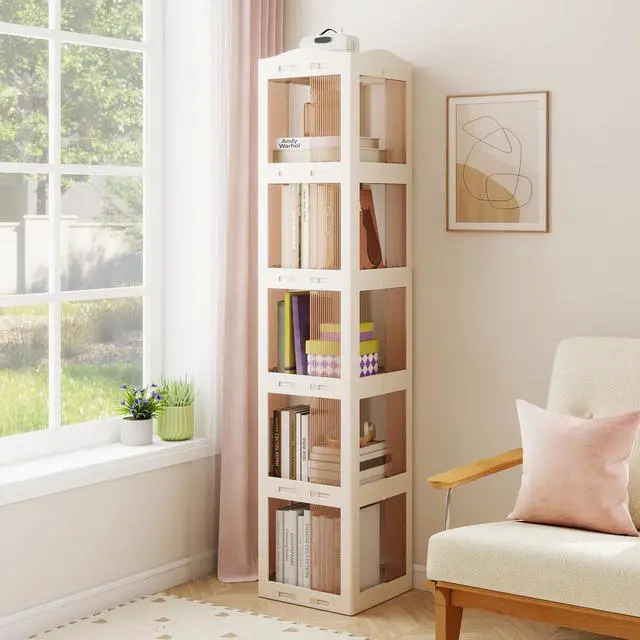 Alt view image 2 of 6 - Foldable Rotating Bookshelf, 5-Tier Spinning Bookcase w/Swivel Base, 360° Revolving Bookshelf Tower, Tall Corner Display Shelf, Translucent Storage Organizer for Living Room, Study