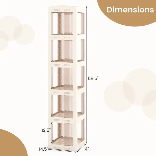 Alt view image 3 of 6 - Foldable Rotating Bookshelf, 5-Tier Spinning Bookcase w/Swivel Base, 360° Revolving Bookshelf Tower, Tall Corner Display Shelf, Translucent Storage Organizer for Living Room, Study